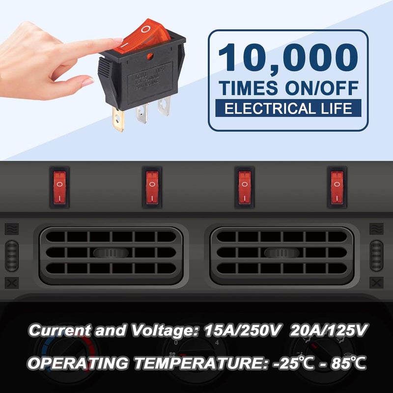 VEXUNGA 10pcs Lighted KCD3 Rocker Switch On Off 3 Pin 2 Position Red Light Boat Rocker Switches 20A 15A 125V 250V AC SPST Square llluminated Power Switch - Image 4